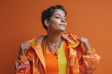 Close-up portrait of a confident young woman wearing a colorful patterned jacket.