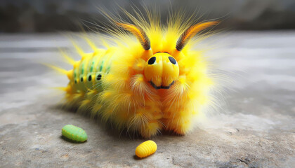 A bright yellow caterpillar with legs all around its body. A vetiver caterpillar pupa on a cement floor.