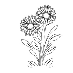 Detailed line art depicting a pair of stylized sunflowers with foliage
