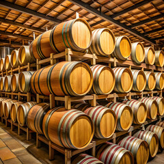 stacked wine barrels at the winery
