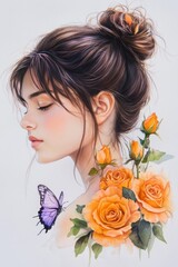 Fototapeta premium Portrait of a beautiful young woman with flowers and a butterfly