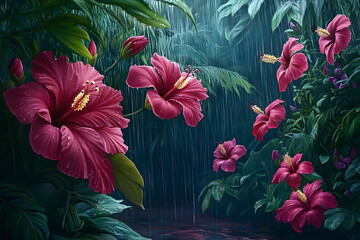 Lush hibiscus blossoms in a tropical rainforest during a rain shower.