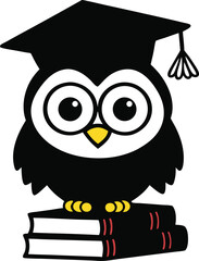 Cartoon owl logo with graduation cap blue owl sitting on books. vector illustration
