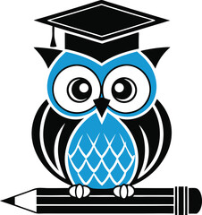 Cartoon owl logo with graduation cap blue owl sitting on pencil. vector illustration