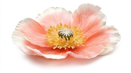 Delicate Peach Poppy Flower Close Up on White Background