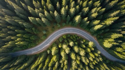 Serpentine Road Surrounded by Evergreen Trees – Top Down Forest View