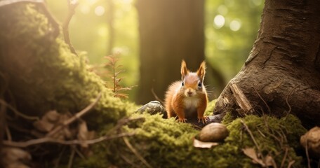 A squirrel in a mysterious forest , natural shading, photorealistic, natural lighting, hyperrealistic, depth of field, photography, Cinematic