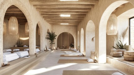 Spacious, minimalist yoga studio with arches and natural light.