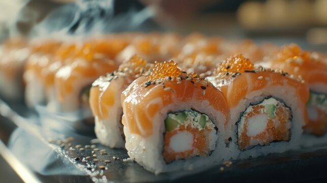 Chef preparing sushi in a restaurant kitchen. Featuring skill and craftsmanship
