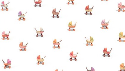 Pastel-colored strollers, repeating pattern on a white background, repeat pattern, decor, aesthetic