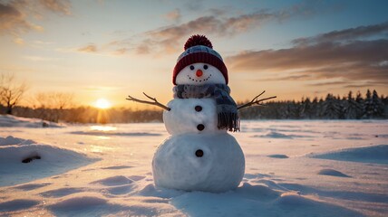 Fototapeta premium snowman wearing a beanie and winter scarf with beautiful sunrise winter