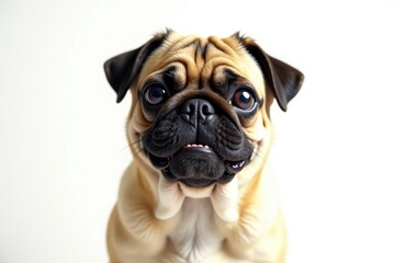 Obraz premium Playful pug looking directly at camera, pure white backdrop, dog breed, cute, headshot