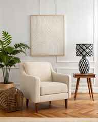 living room with neutral armchair, decorative lamp, and modern artwork