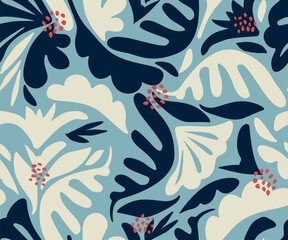 Abstract Сontemporary Seamless Pattern with Leaves and Flowers in Trendy Boho Style. Vector Botanical Texture. Seamless Pattern for Scandinavian Design. Modern Trendy Collage Template