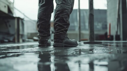 Concrete finisher smoothing a floor at a construction site. Featuring attention to detail and expertise
