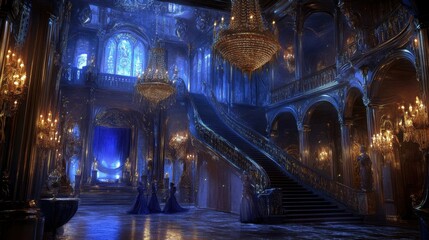 A fantasy masquerade ball in a grand castle with chandeliers and extravagant masks.