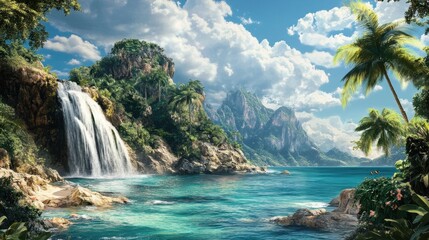 Obraz premium A tropical island scene featuring a waterfall flowing directly into the ocean.