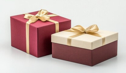 Fototapeta premium Two gift boxes with gold ribbon on white background