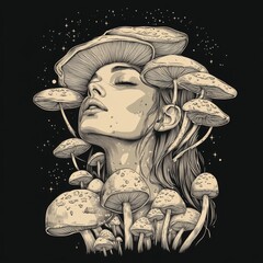 The Mystical Muse is a captivating illustration of a woman with a mushroom crown and a glowing third eye that exudes wisdom and intuition