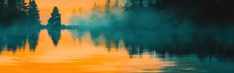 Tranquil lake reflecting a golden sunset and silhouetted pine trees in a serene, painterly landscape with gentle mist and a warm,