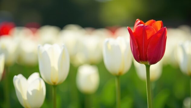 Single red tulip among white tulips, vibrant contrast, individual, noticeable, different