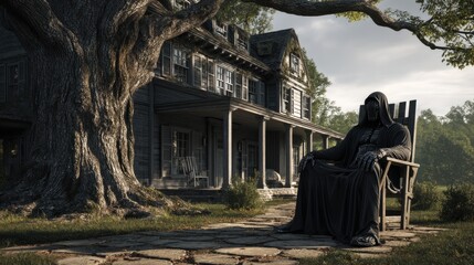 Grim reaper figure outside an abandoned colonial-style house.