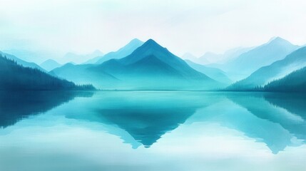 Serene mountain landscape reflecting in tranquil water, featuring a majestic peak and ethereal blue hues in a minimalist, zen-like scene.