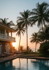 A luxurious house with a pool and palm trees at sunset