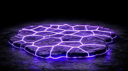 Glowing Neon Rock Formation With Cracked Surface Against Dark Background