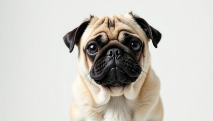 Solo pug, against pure white backdrop Shows endearing features , canine, wrinkles