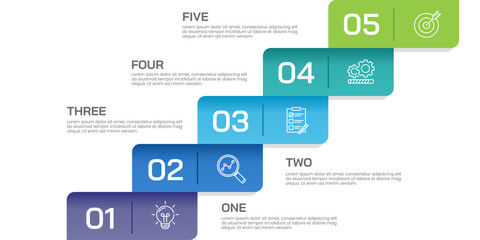 Infographic Colorful Stairway to Success 5 Steps. Presentation, Plan, Strategy and Information. Vector illustration.