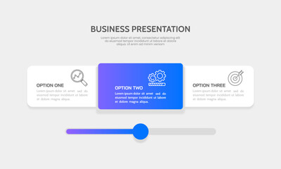 3 options infographic slide bar. Feature, Presentation, Plan and Strategy. Vector illustration.