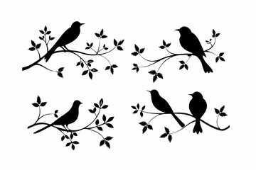 Fototapeta premium set of birds on a branch vector silhouette illustration isolated on white background