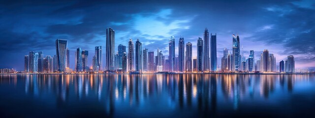 Stunning twilight cityscape reflected in calm water.