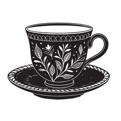 Elegant Black Silhouette Teacup with Floral Design – Vintage Tea Cup Illustration for Decor, Prints, and Design Projects