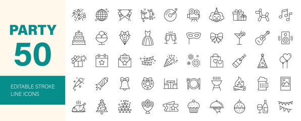 Party icon set. Containing birthday, wedding party, dancing, happy new year, week, Christmas, event, holiday, carnival, life music, celebration and more. Editable line icons. Vector illustration.