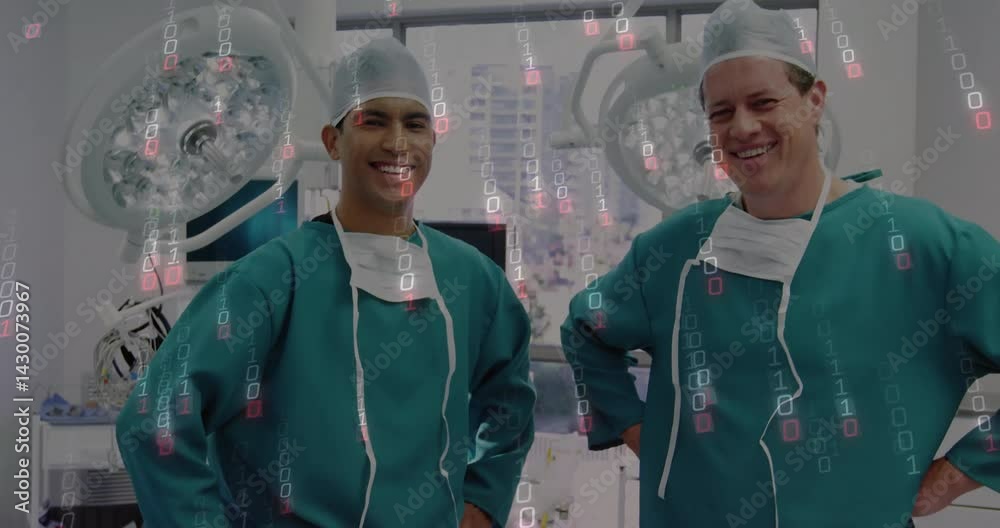 Poster two surgeons working in medical or, with monitors showing data flow via binary code overlay