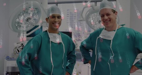 Two surgeons working in medical OR, with monitors showing data flow via binary code overlay - Powered by Adobe