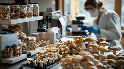A mycologist meticulously catalogs mushroom species in a professional lab environment, utilizing field guides and specimen jars
