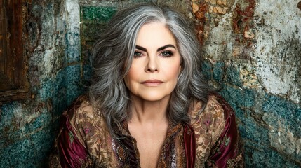 Fototapeta premium Portrait of a Confident Mature Woman with Gray Hair Against a Rustic Background