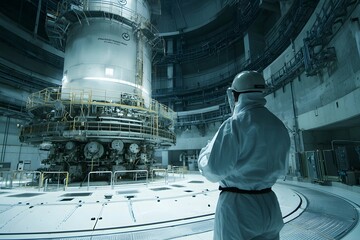 A nuclear engineer in safety gear meticulously inspects reactor components at a cutting-edge facility to ensure the highest