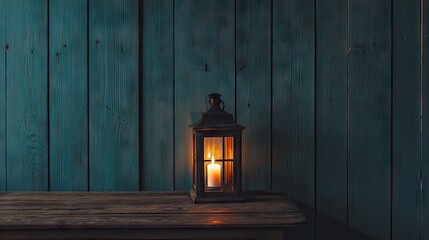 Teal-hued wooden wall showcases a flickering candle lantern.