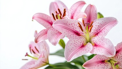Fototapeta premium Delicate pink lily flowers are captured against a bright white background