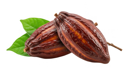 cacau com caroço e folhas verdes no fundo transparente