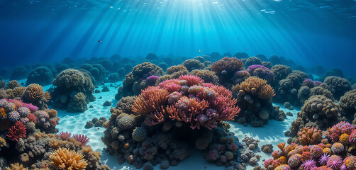 Fototapeta premium A coral reef bursting with marine life just beneath the glassy ocean surface, with rays of sunlight piercing the blue and casting patterns on the sand – vibrant life in the Great Barrier Reef.