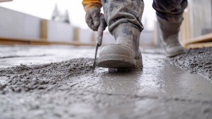 Concrete worker smoothing out fresh concrete. Featuring precision and dedication