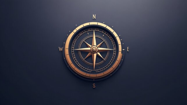 Gold Compass Rose on Dark Background 3D Pixel Art Illustration