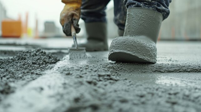 Concrete worker smoothing out fresh concrete. Featuring precision and dedication