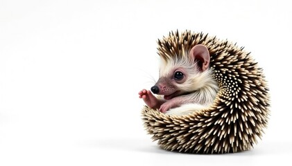 Obraz premium Tiny hedgehog curled in a ball, isolated on pure white background, background, resting, macro