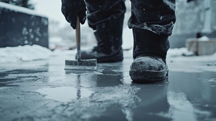 Concrete worker smoothing the surface of a foundation slab. Featuring focus and hard work